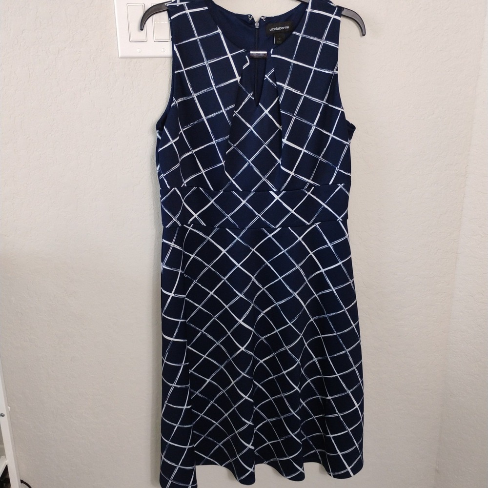 Liz Claiborne Womens Navy Blue White Grid Fit Flare Dress Size 12 V-Neck Bar